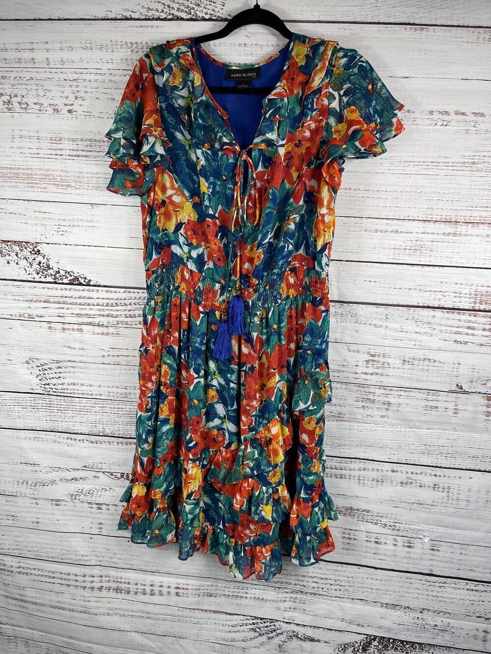 Duro Olowu Dress Women's Large Multicolor Floral Boho Ruffle Tassel Midi Summer
